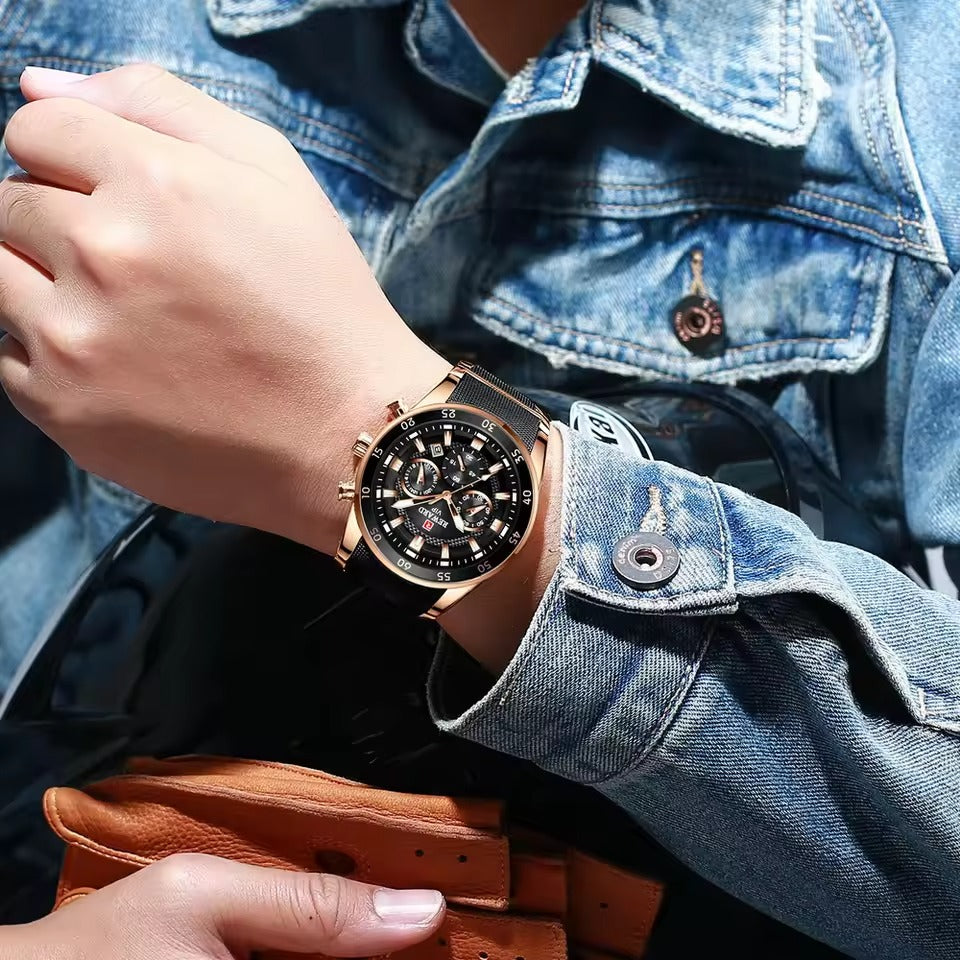Rose Gold Black Dial Luxury Chronograph Watch for Men